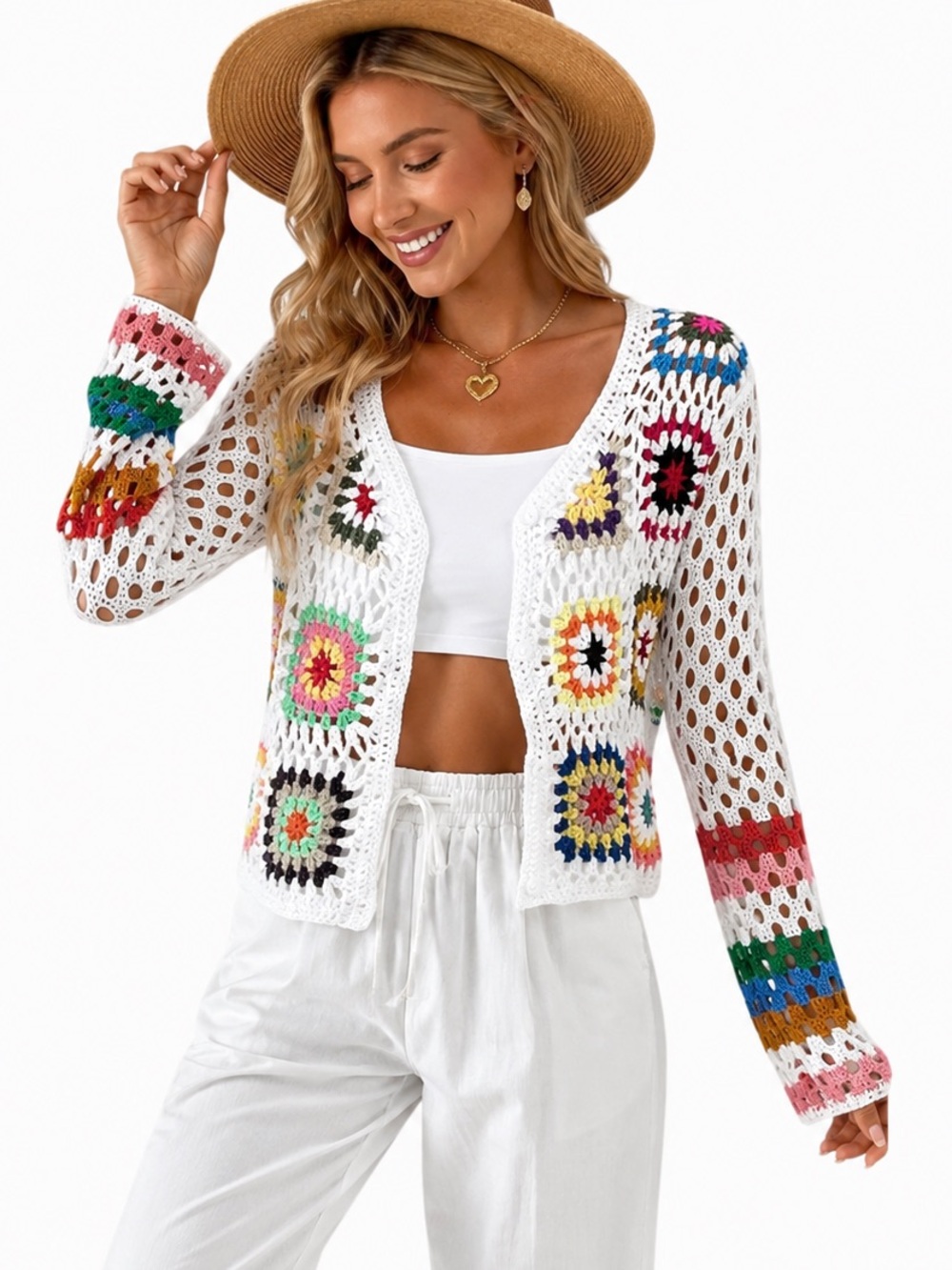 NWOT Open Crotchet Granny Square Colourful Cardigan - PTP 21